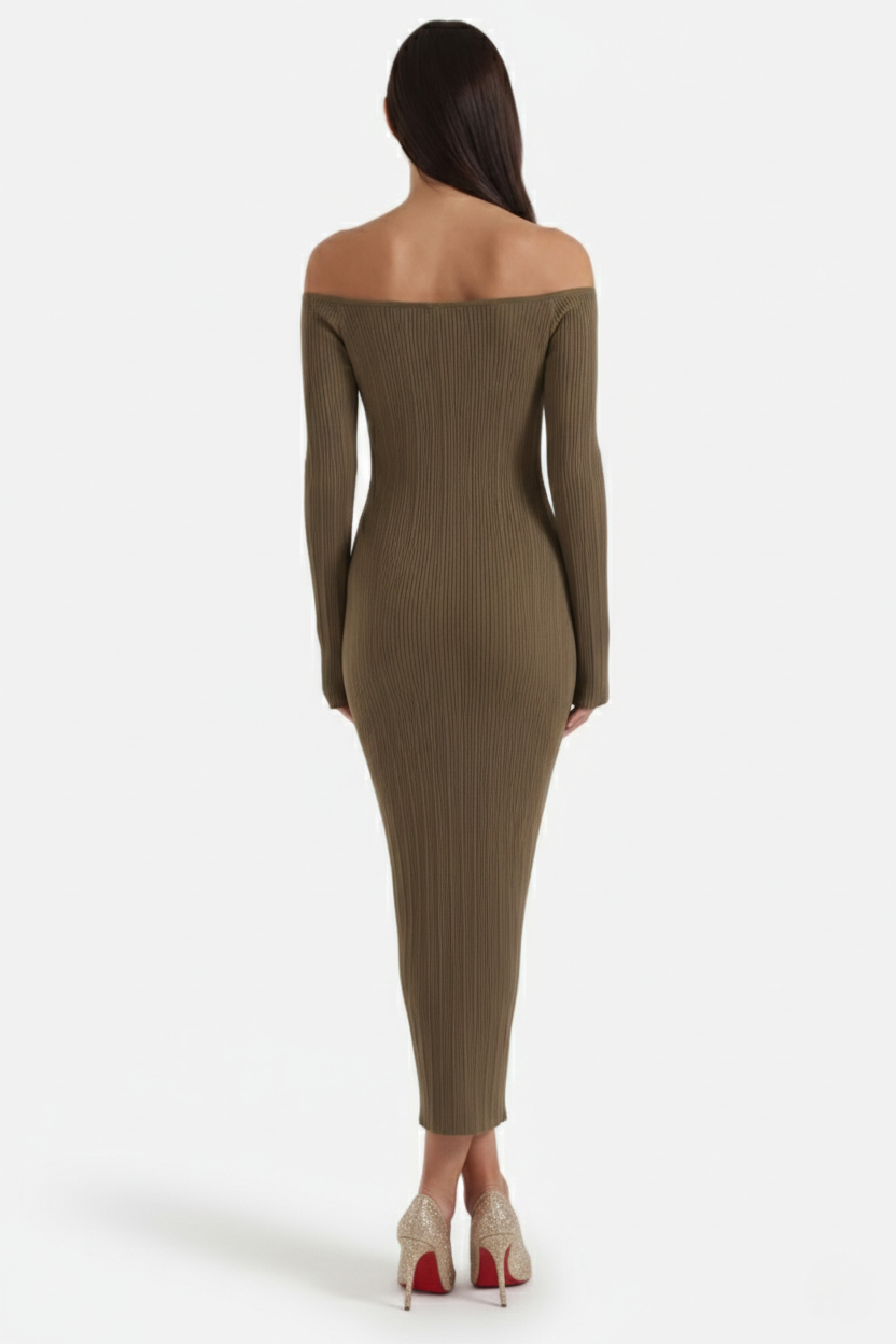 Off Shoulder Maxi Dress Slim Fit Long Sleeve Ribbed Knit