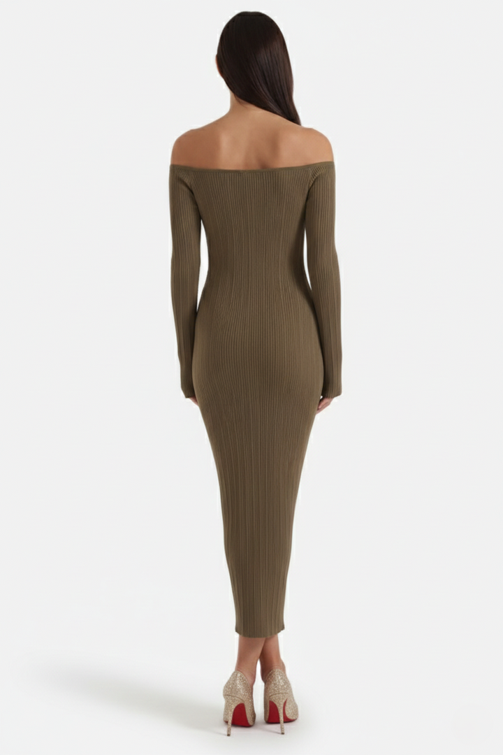 Off Shoulder Maxi Dress Slim Fit Long Sleeve Ribbed Knit