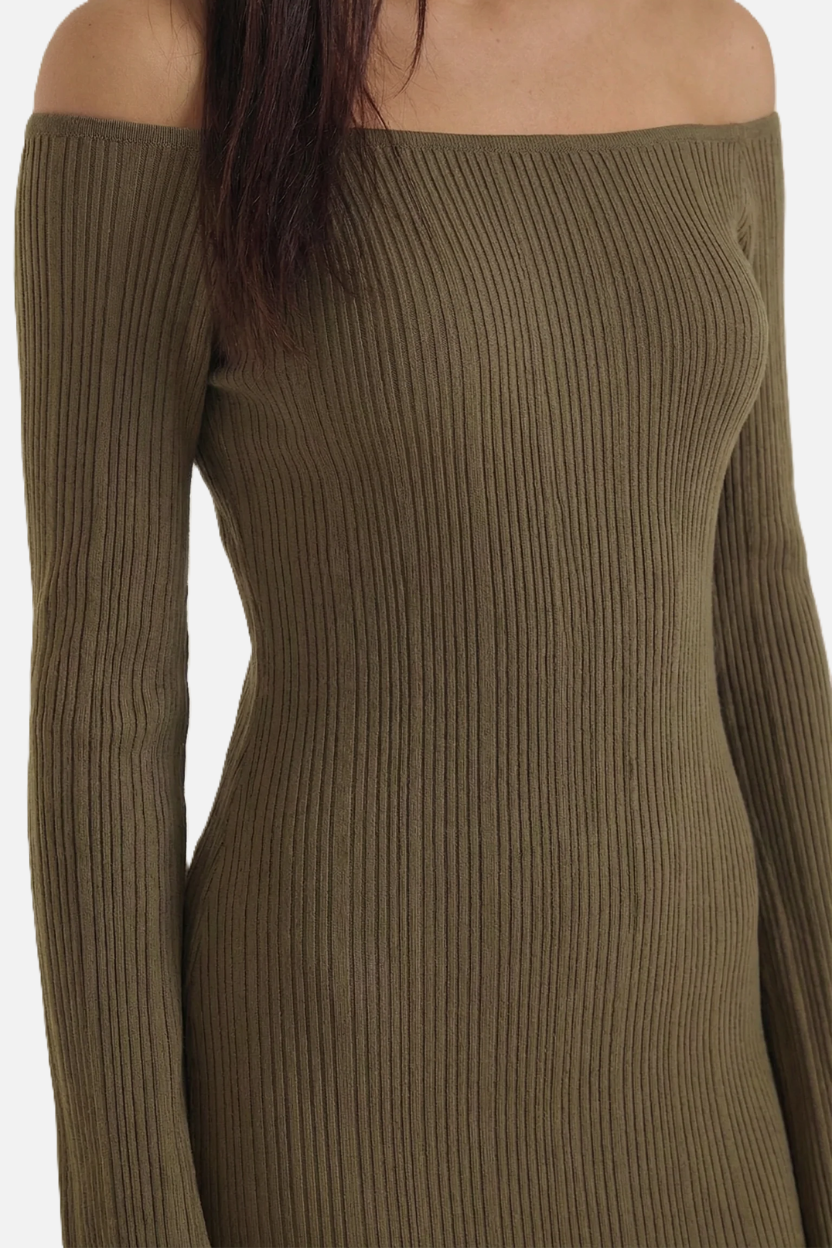 Off Shoulder Maxi Dress Slim Fit Long Sleeve Ribbed Knit
