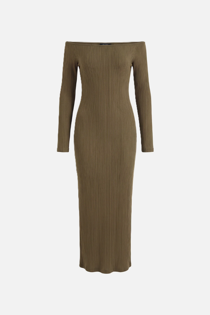Off Shoulder Maxi Dress Slim Fit Long Sleeve Ribbed Knit