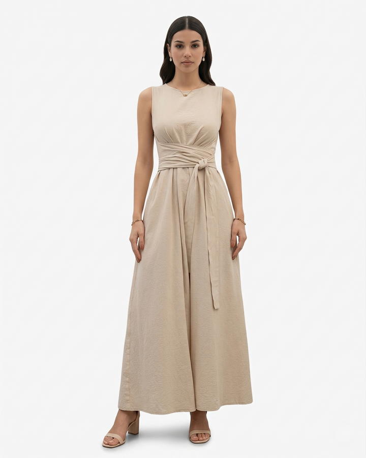 Sleeveless Maxi Dress Crew Neck Tie Waist A Line Dress with Pockets