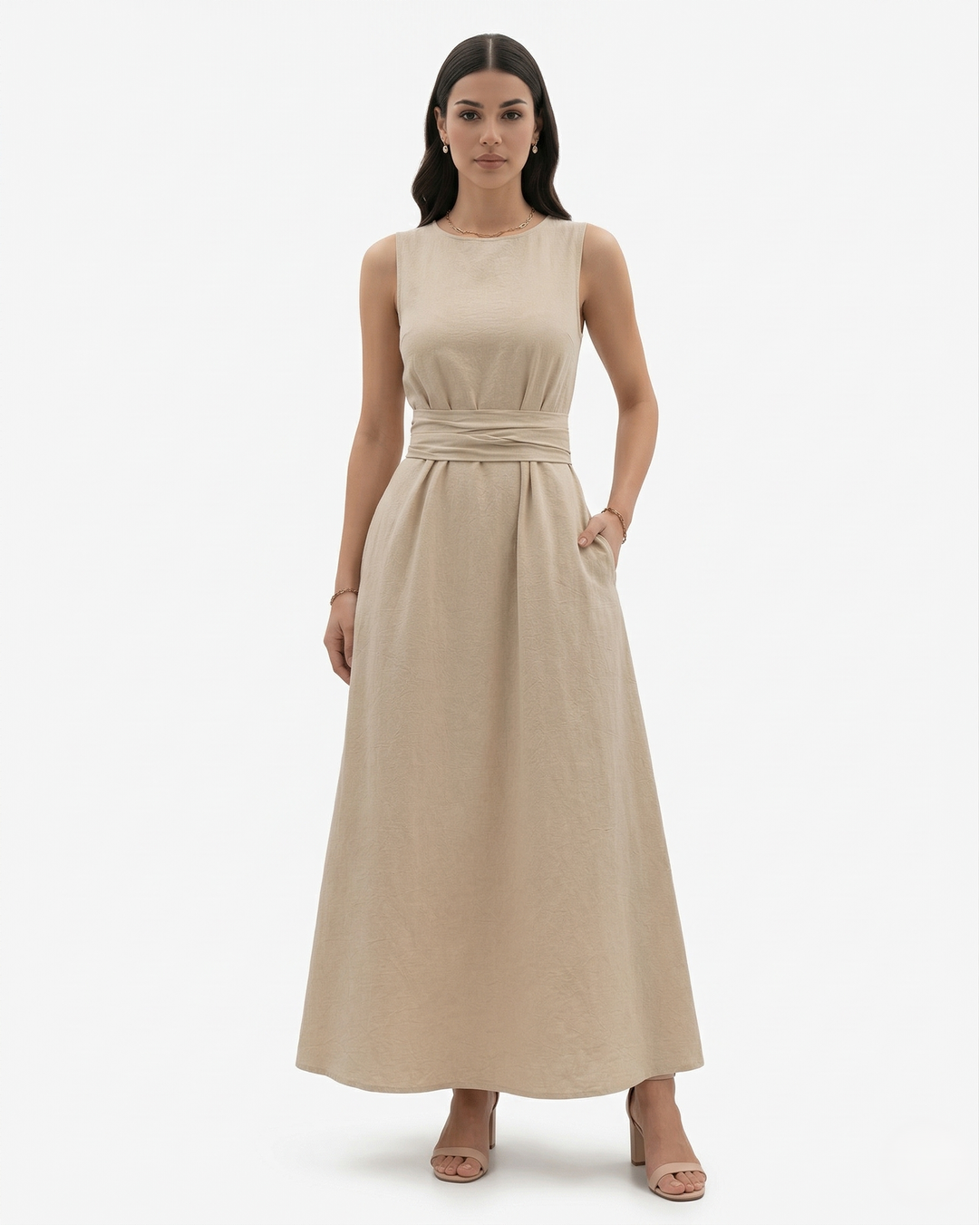 Sleeveless Maxi Dress Crew Neck Tie Waist A Line Dress with Pockets