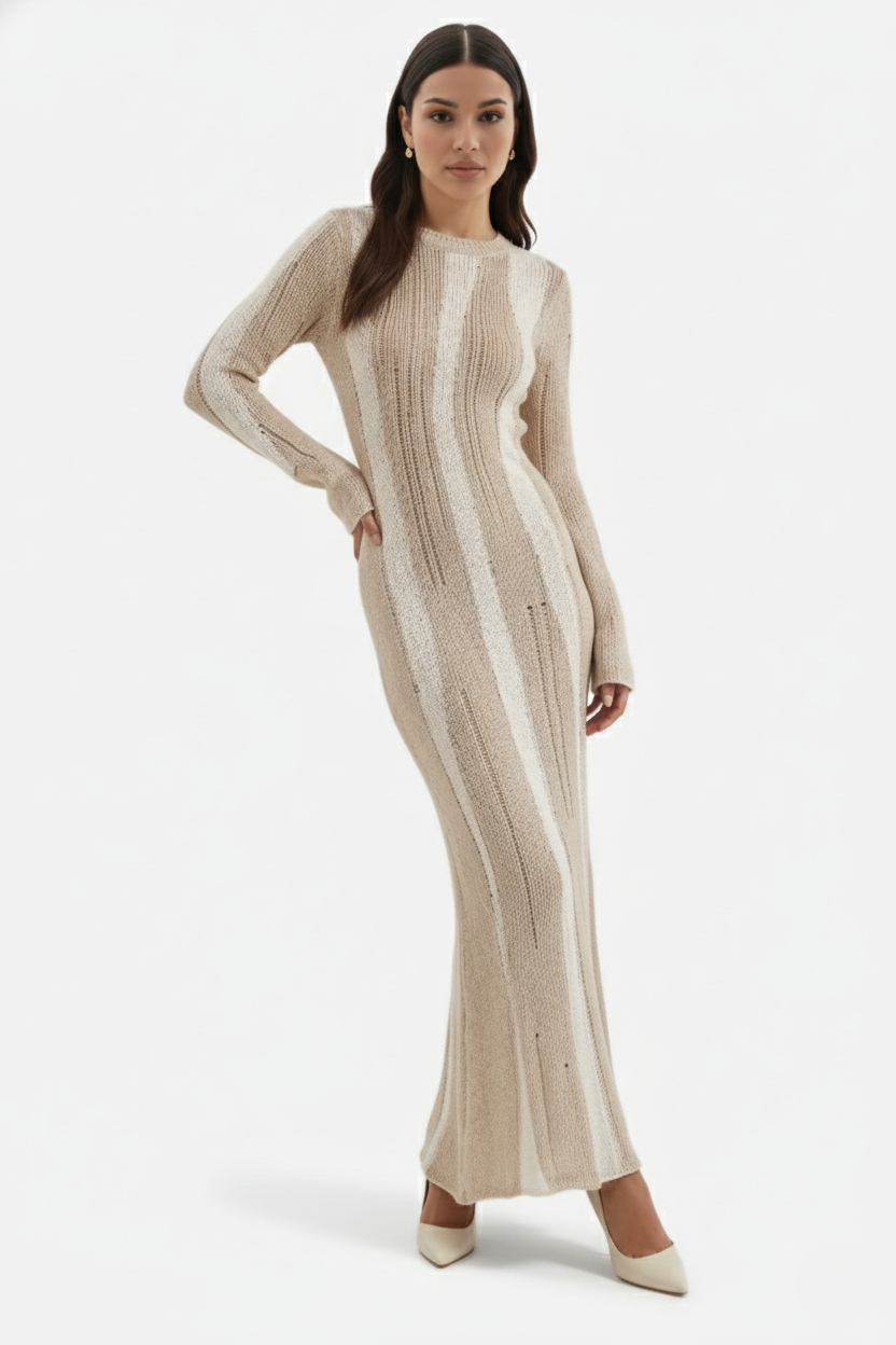 Striped Soft Knit Long Sleeve Maxi Dress