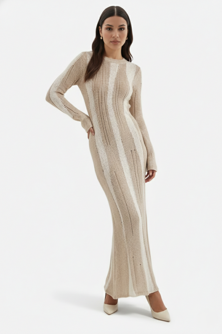 Striped Soft Knit Long Sleeve Maxi Dress
