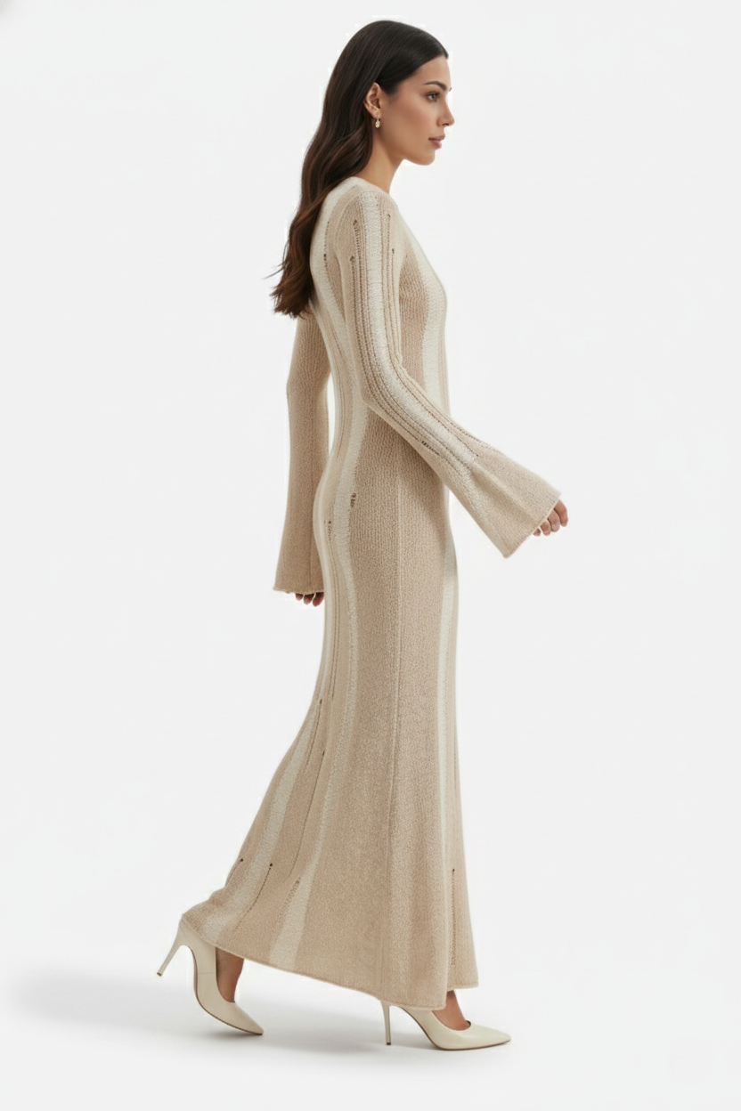 Striped Soft Knit Long Sleeve Maxi Dress
