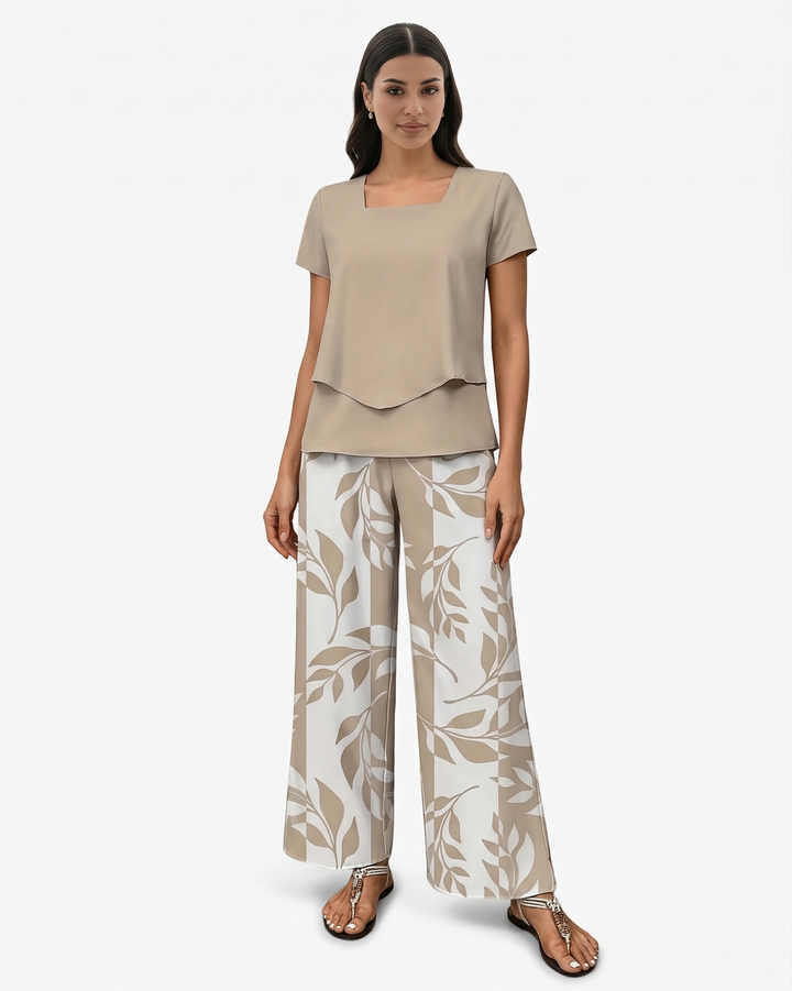 Two Piece Set Short Sleeve Top and Wide Leg Printed Pants