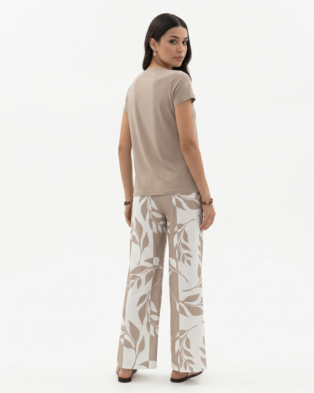 Two Piece Set Short Sleeve Top and Wide Leg Printed Pants