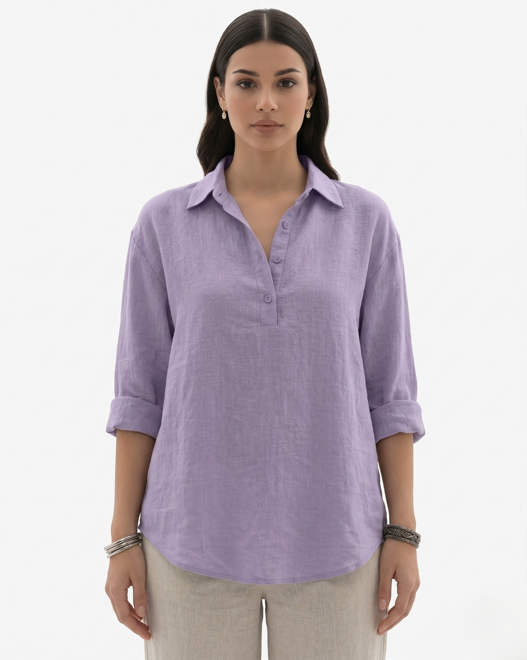 Collared Button Placket Linen Blend Long Sleeve