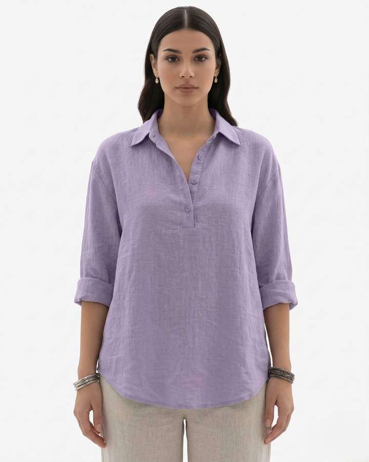 Collared Button Placket Linen Blend Long Sleeve