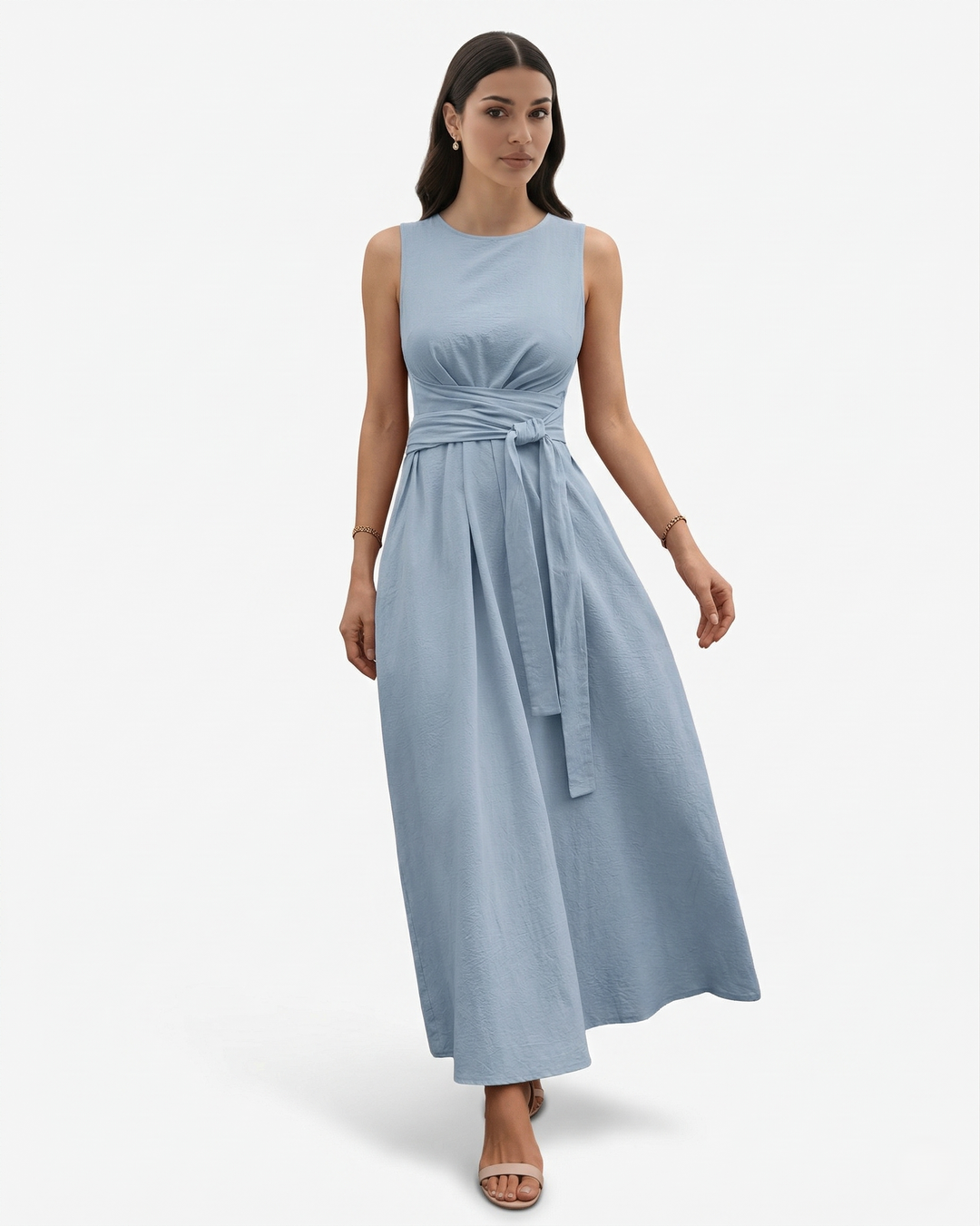 Sleeveless Maxi Dress Crew Neck Tie Waist A Line Dress with Pockets