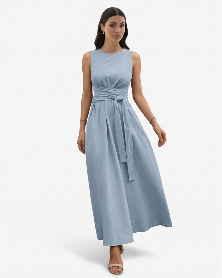 Sleeveless Maxi Dress Crew Neck Tie Waist A Line Dress with Pockets