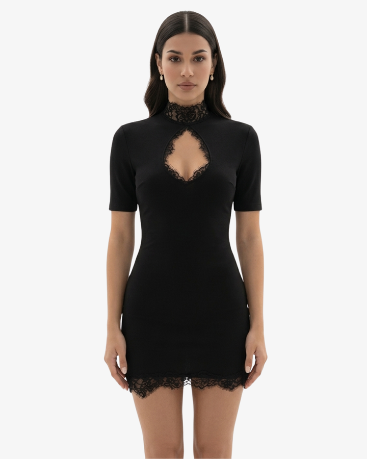 Lace Trim Bodycon Mini Dress Mock Neck Keyhole