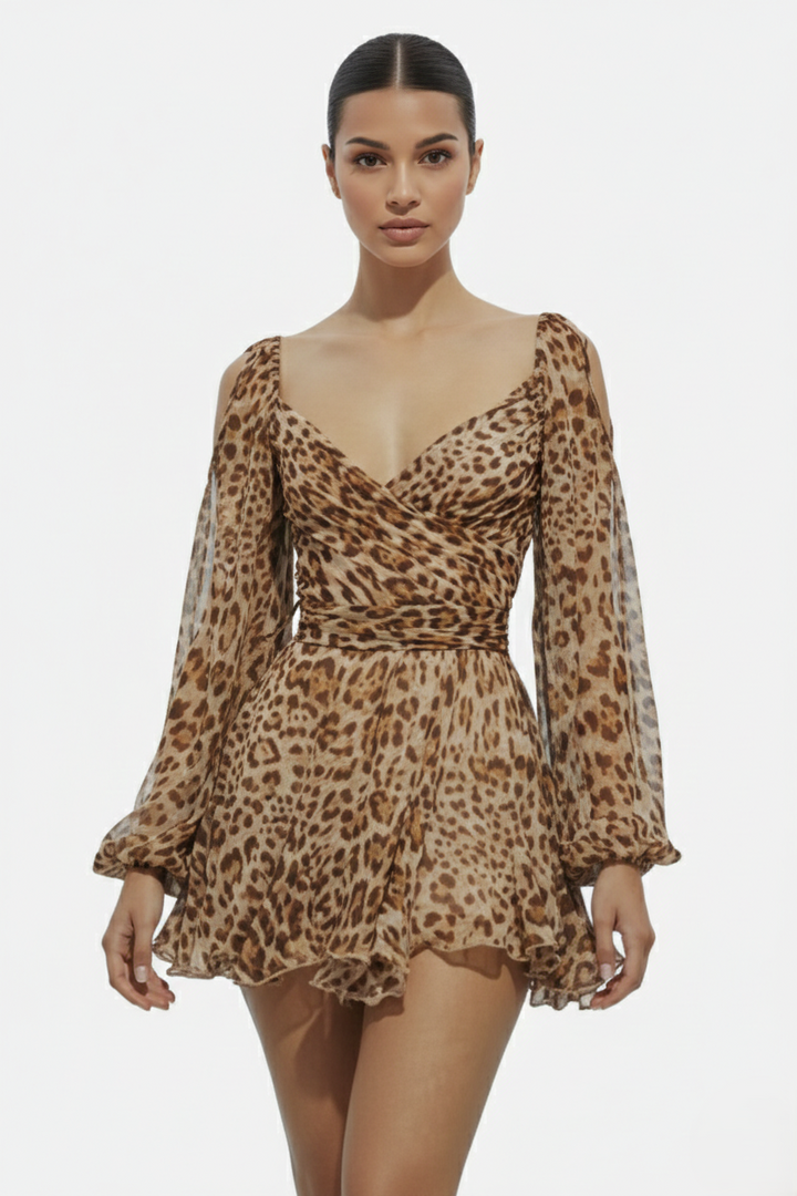 Chiffon Puff Sleeve Lace-Up Back Ruffle Mini Dress