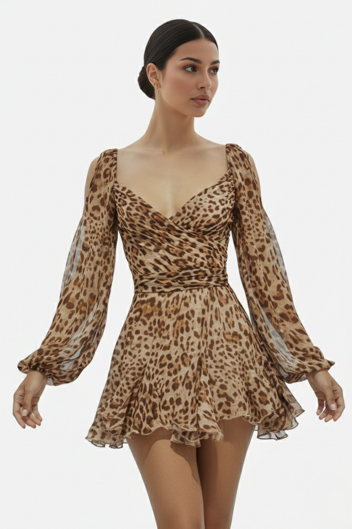 Chiffon Puff Sleeve Lace-Up Back Ruffle Mini Dress
