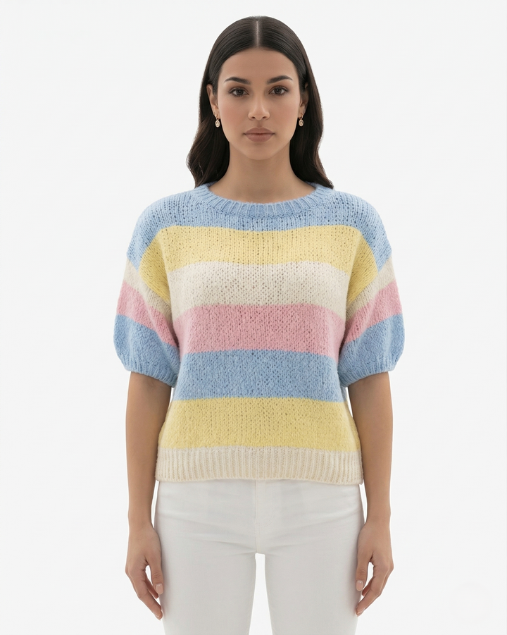 Striped Knit Sweater Pullover Crew Neck