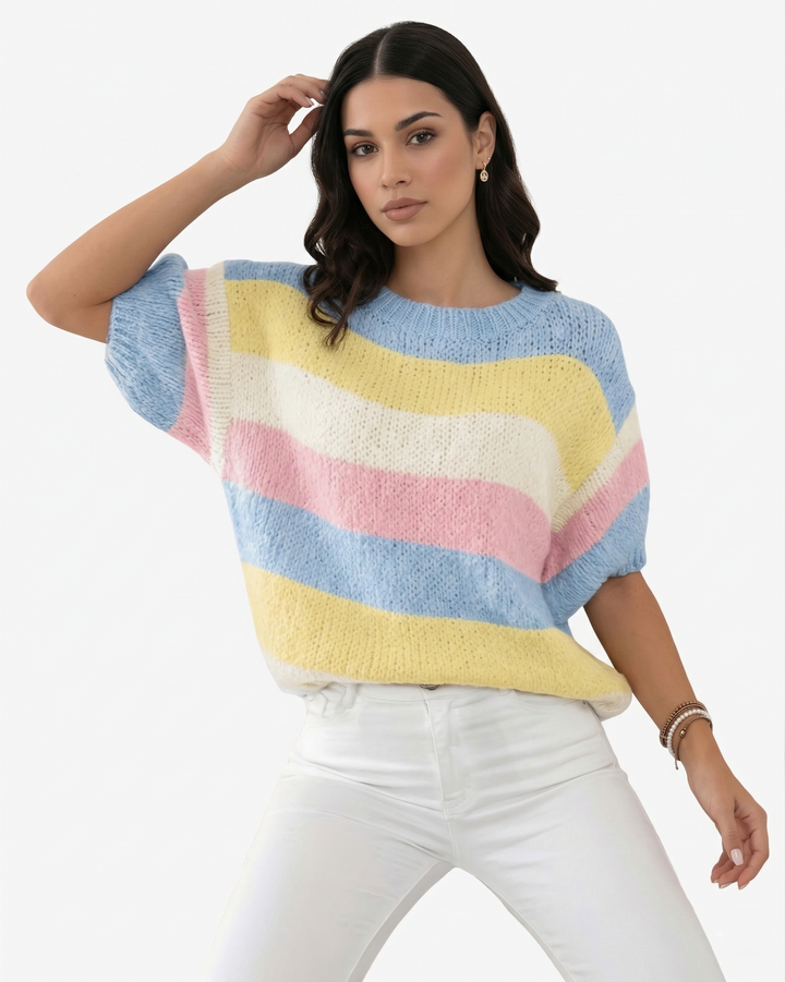 Striped Knit Sweater Pullover Crew Neck