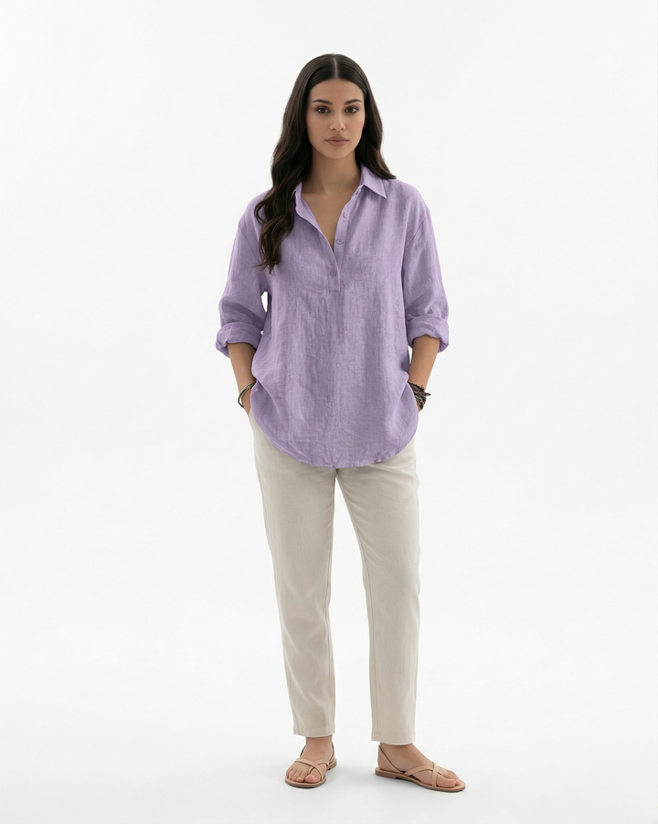 Collared Button Placket Linen Blend Long Sleeve