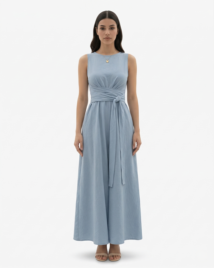 Sleeveless Maxi Dress Crew Neck Tie Waist A Line Dress with Pockets