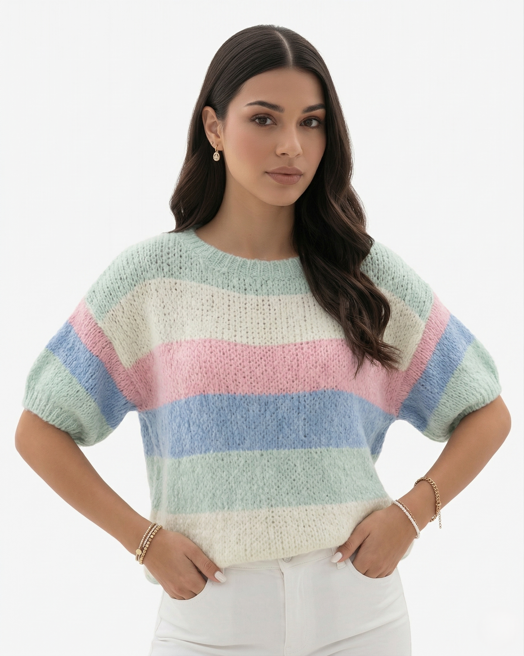 Striped Knit Sweater Pullover Crew Neck