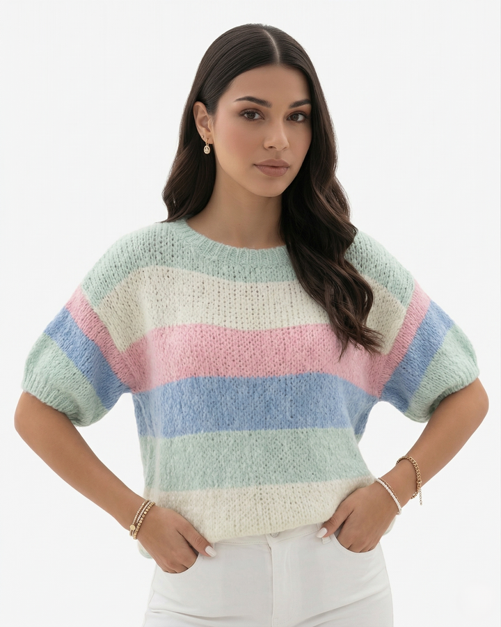 Striped Knit Sweater Pullover Crew Neck