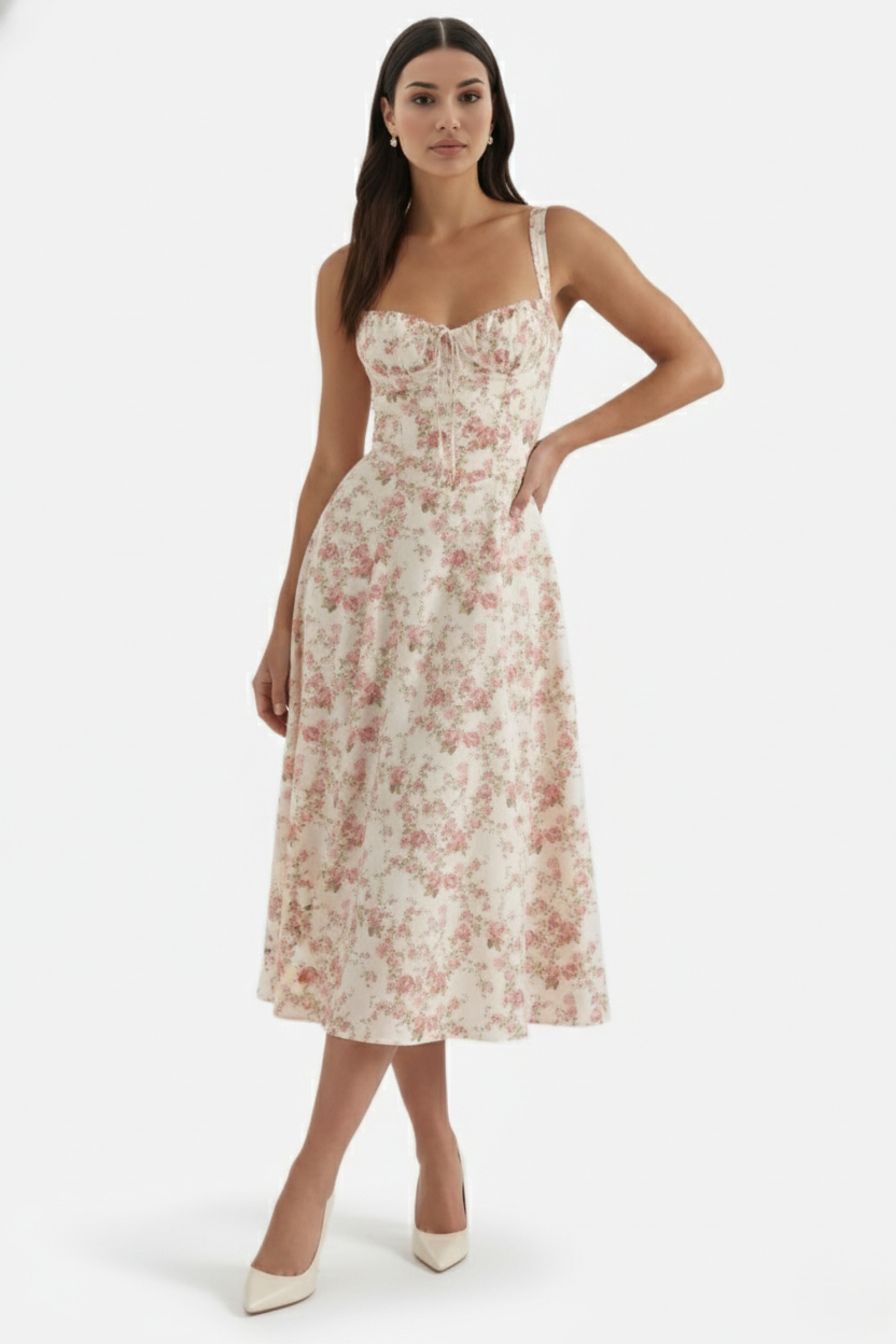Summer Midi Dress Sweetheart Ruched Bust A Line Floral Print