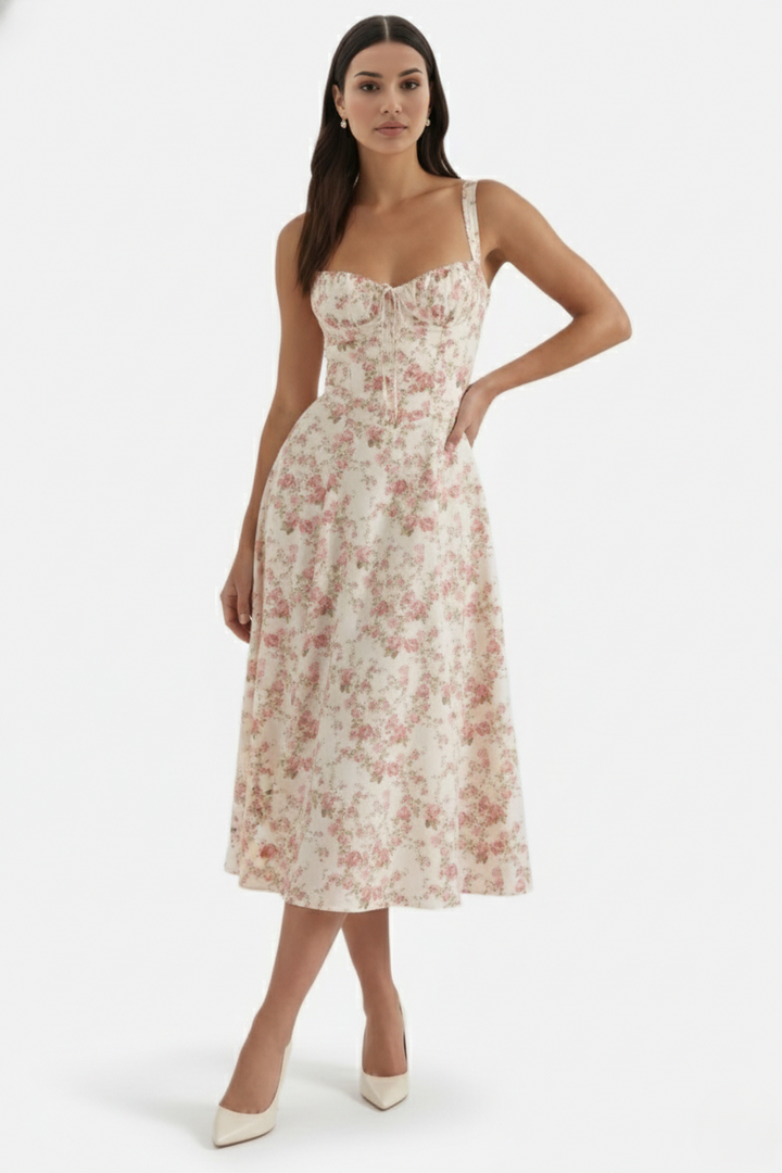 Summer Midi Dress Sweetheart Ruched Bust A Line Floral Print