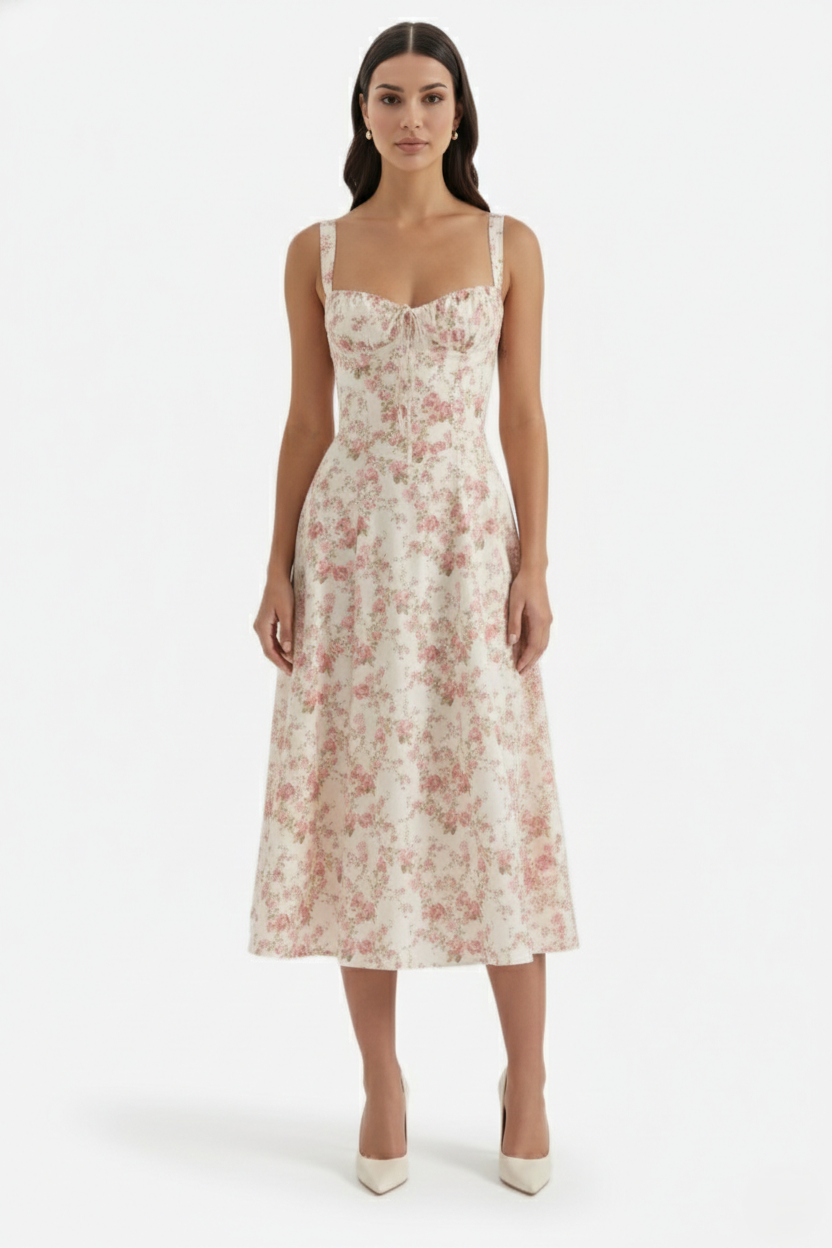 Summer Midi Dress Sweetheart Ruched Bust A Line Floral Print