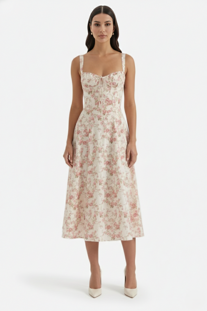 Summer Midi Dress Sweetheart Ruched Bust A Line Floral Print