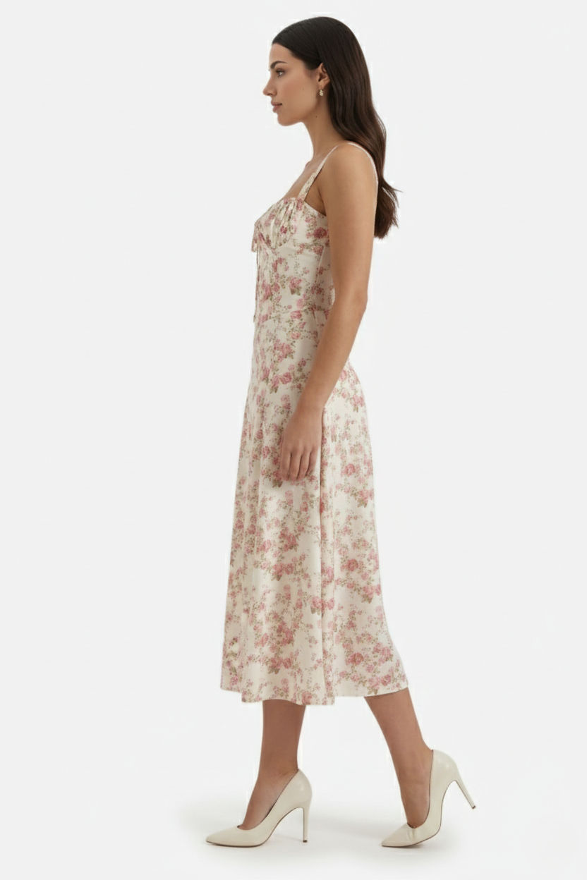 Summer Midi Dress Sweetheart Ruched Bust A Line Floral Print