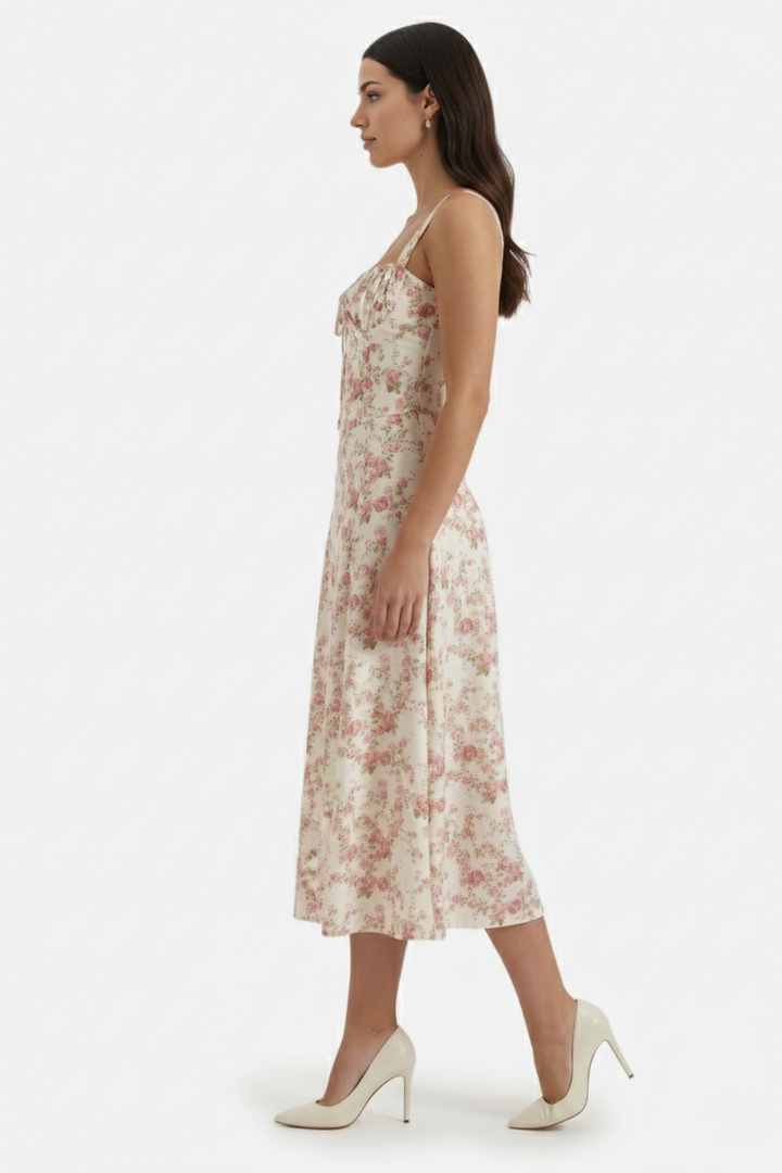 Summer Midi Dress Sweetheart Ruched Bust A Line Floral Print