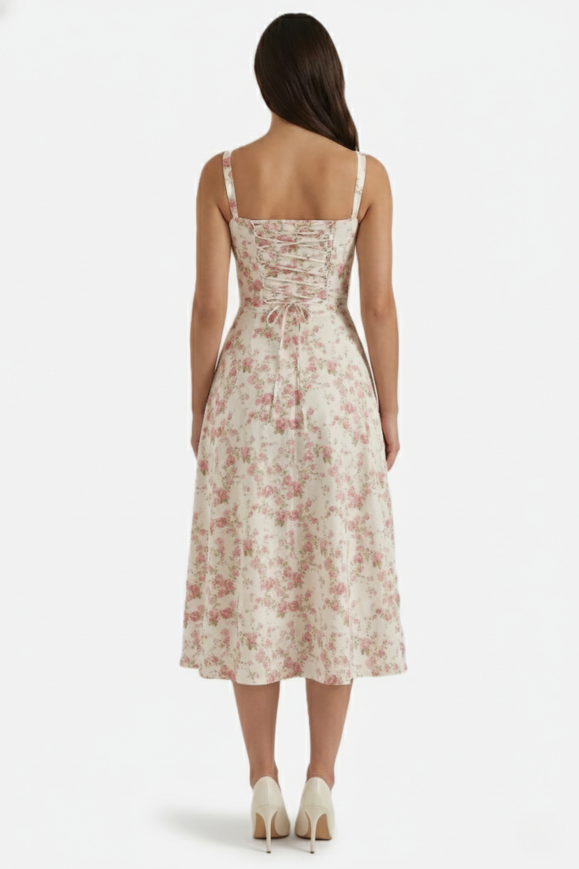 Summer Midi Dress Sweetheart Ruched Bust A Line Floral Print