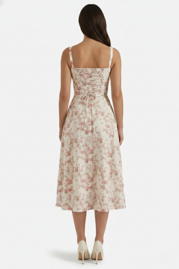 Summer Midi Dress Sweetheart Ruched Bust A Line Floral Print