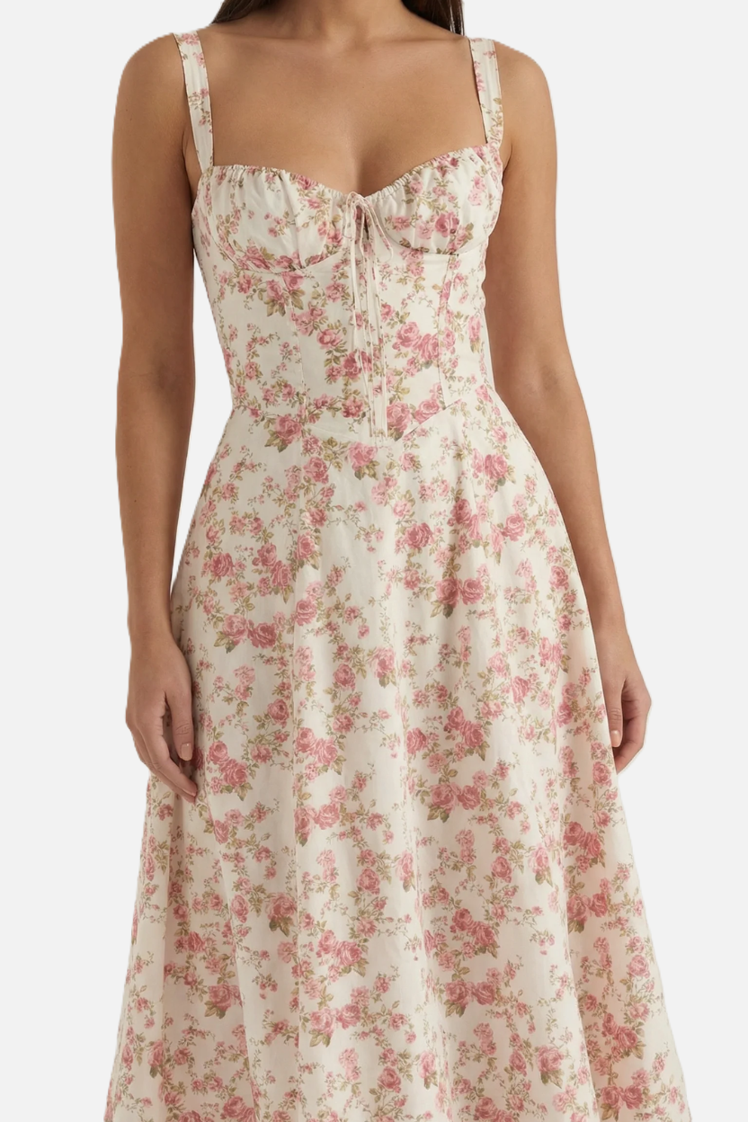 Summer Midi Dress Sweetheart Ruched Bust A Line Floral Print