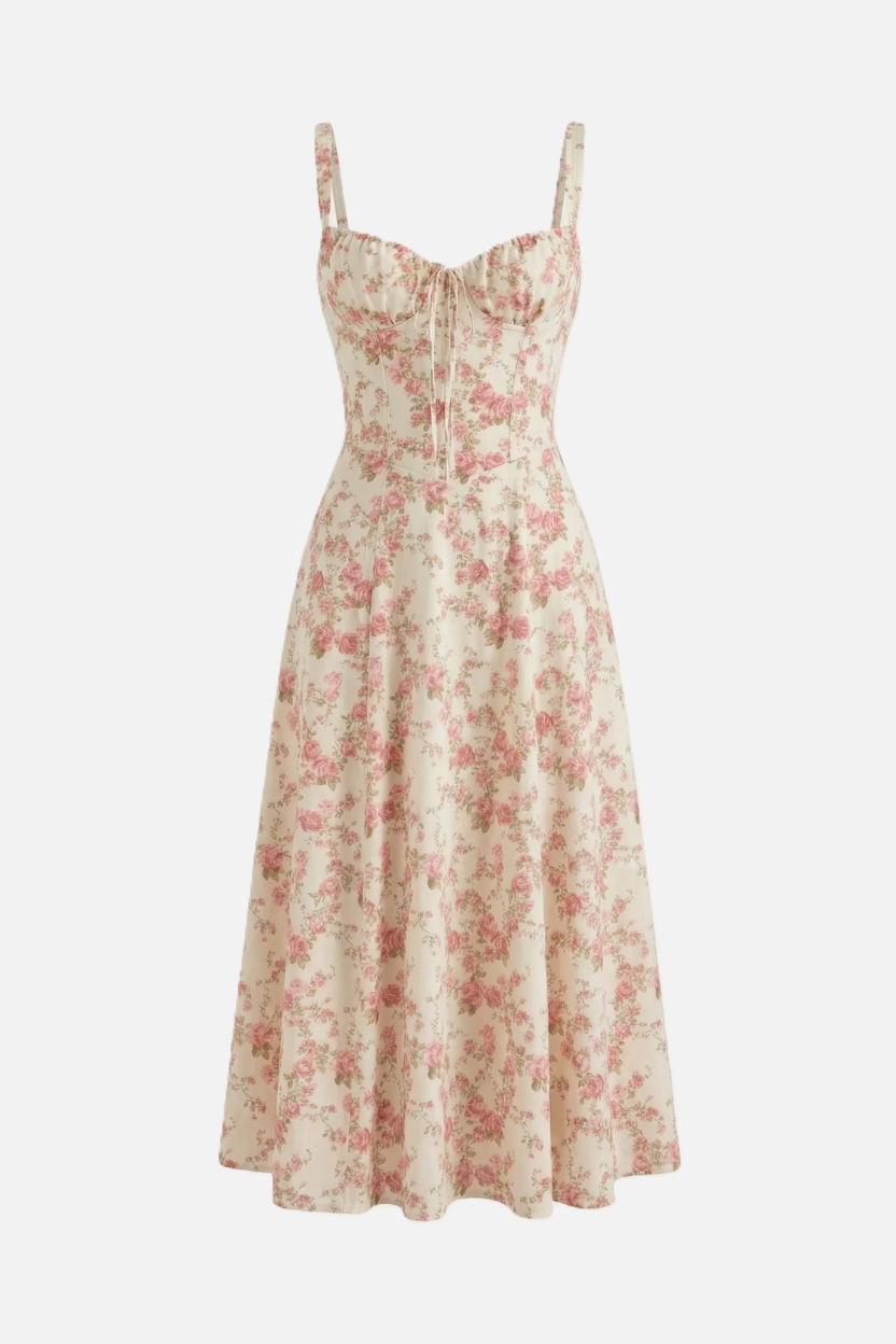 Summer Midi Dress Sweetheart Ruched Bust A Line Floral Print