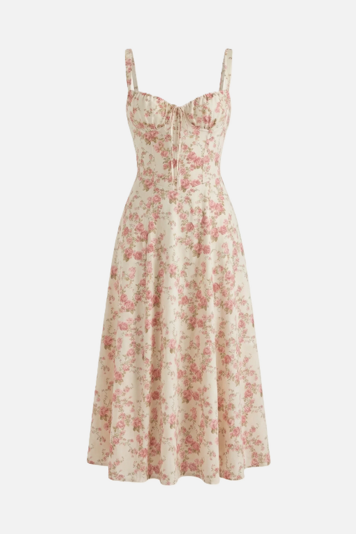 Summer Midi Dress Sweetheart Ruched Bust A Line Floral Print