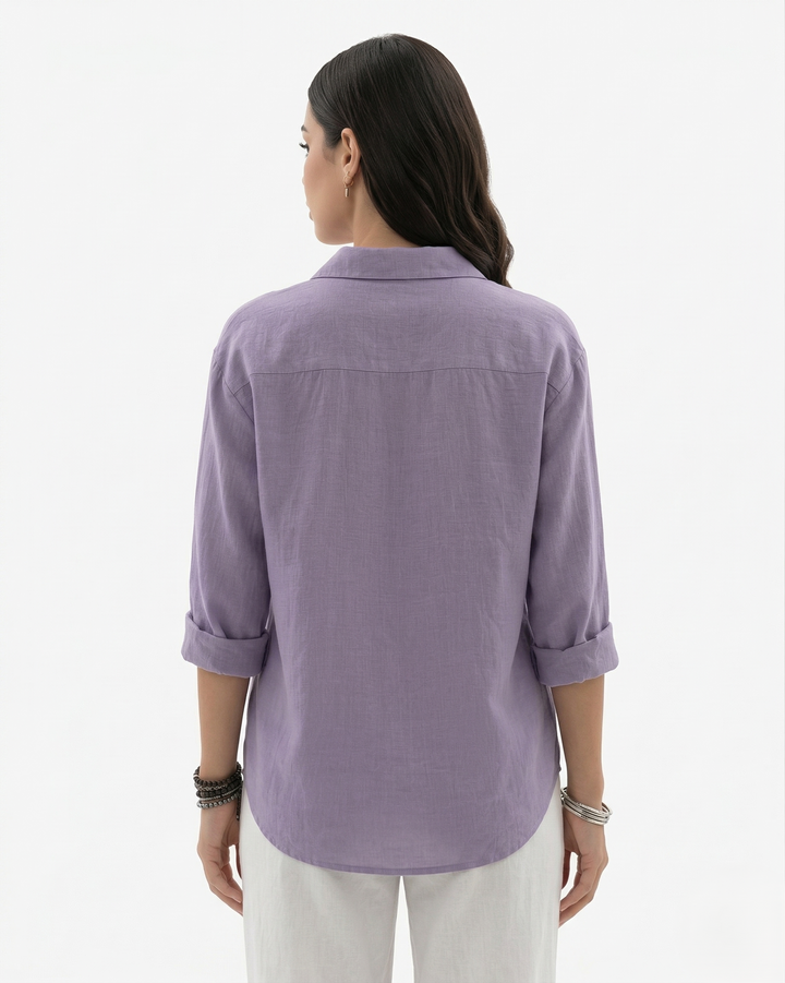 Collared Button Placket Linen Blend Long Sleeve