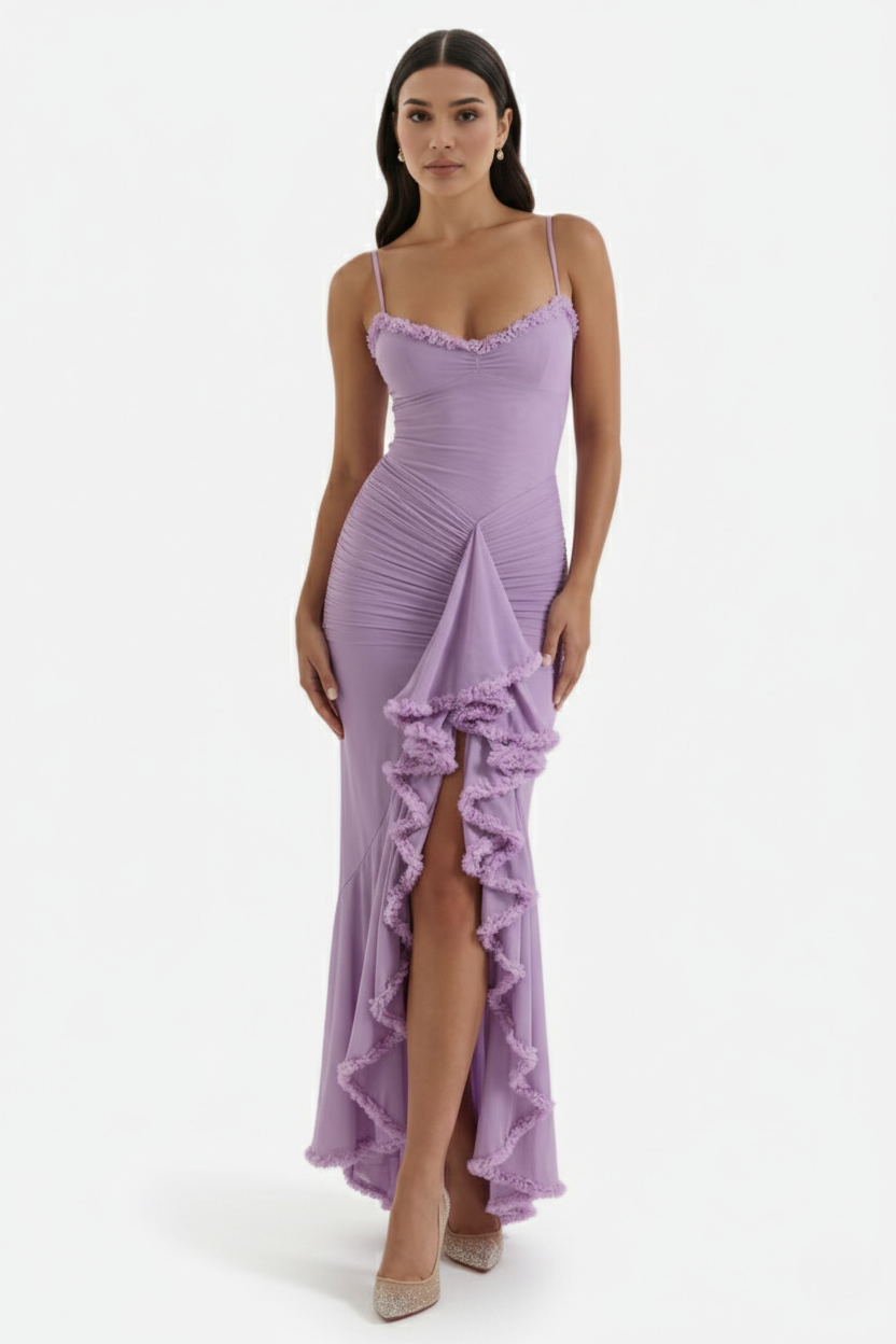 Evening Gown Ruched Mesh Ruffle Assymetrical Hem