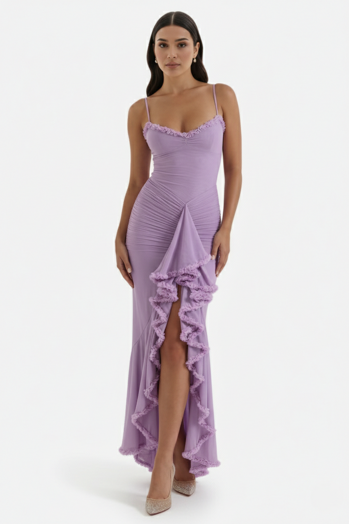 Evening Gown Ruched Mesh Ruffle Assymetrical Hem