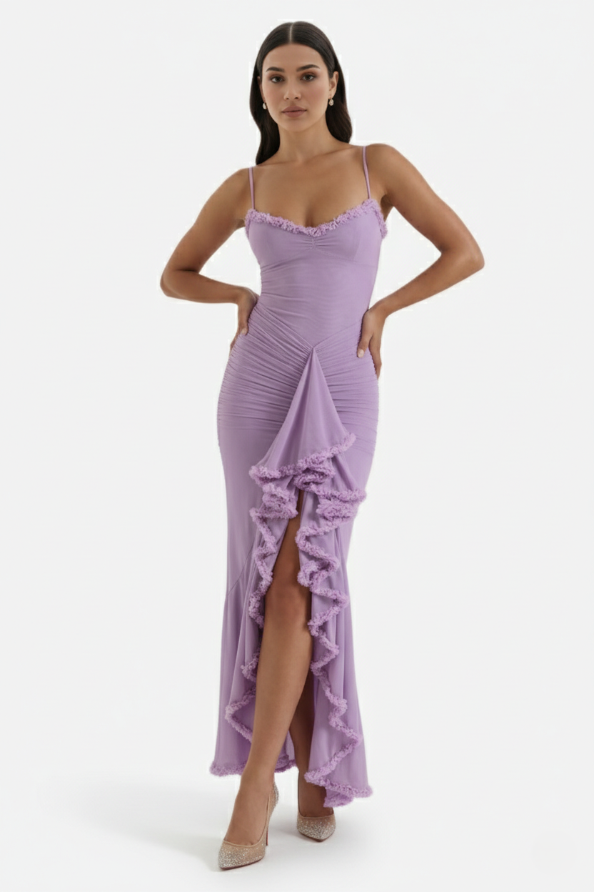 Evening Gown Ruched Mesh Ruffle Assymetrical Hem