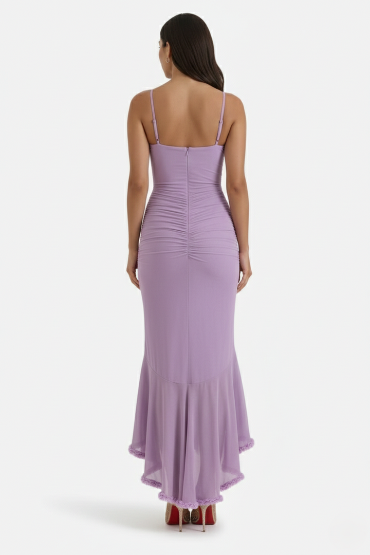 Evening Gown Ruched Mesh Ruffle Assymetrical Hem