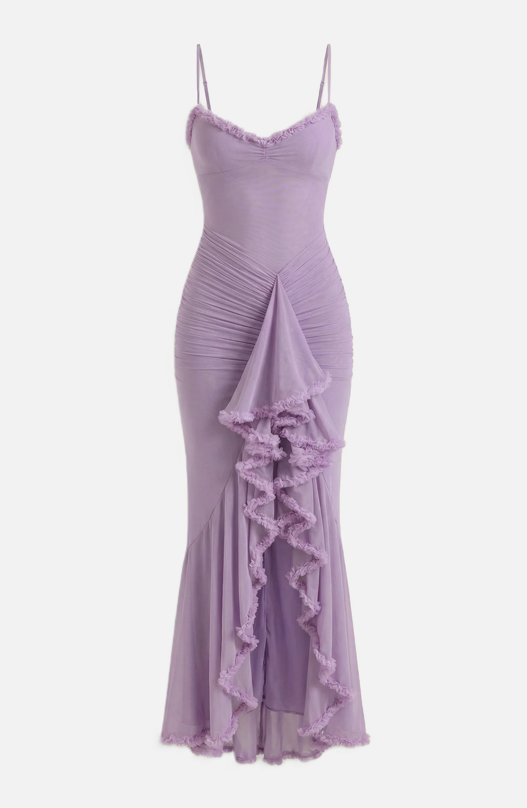 Evening Gown Ruched Mesh Ruffle Assymetrical Hem