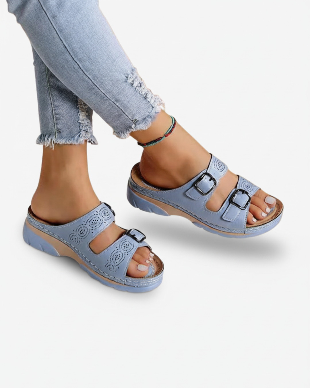 Slide Sandals Low Wedge Double Buckle Open Toe