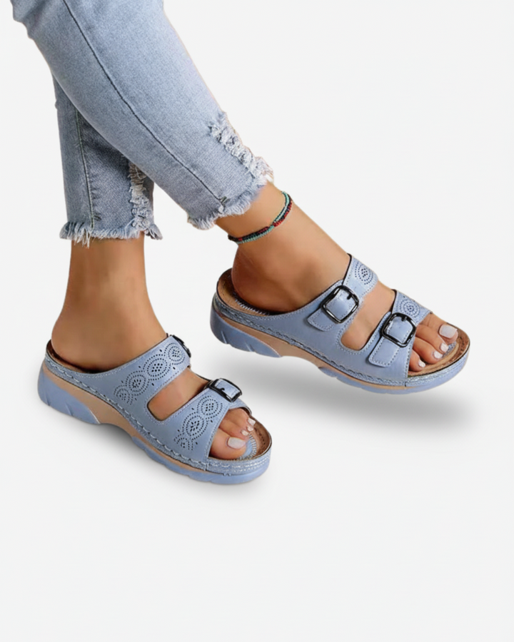 Slide Sandals Low Wedge Double Buckle Open Toe