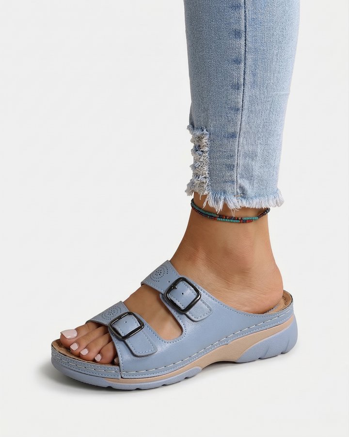 Slide Sandals Low Wedge Double Buckle Open Toe