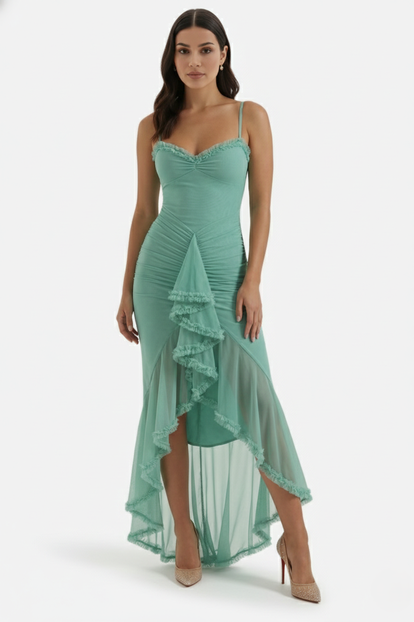 Evening Gown Ruched Mesh Ruffle Assymetrical Hem