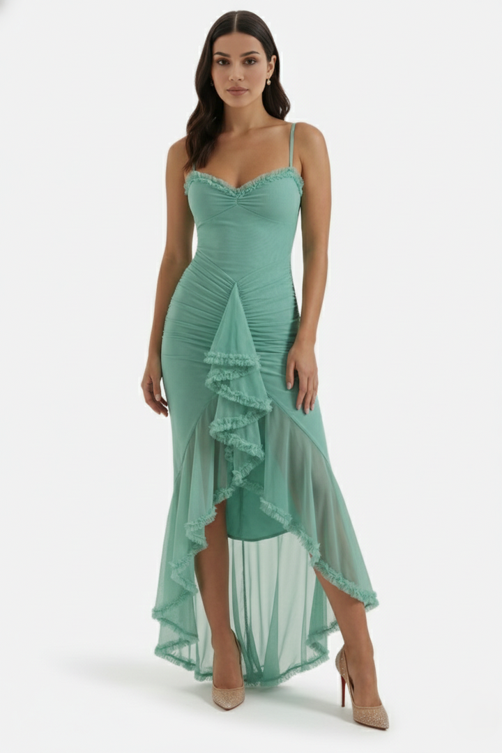 Evening Gown Ruched Mesh Ruffle Assymetrical Hem