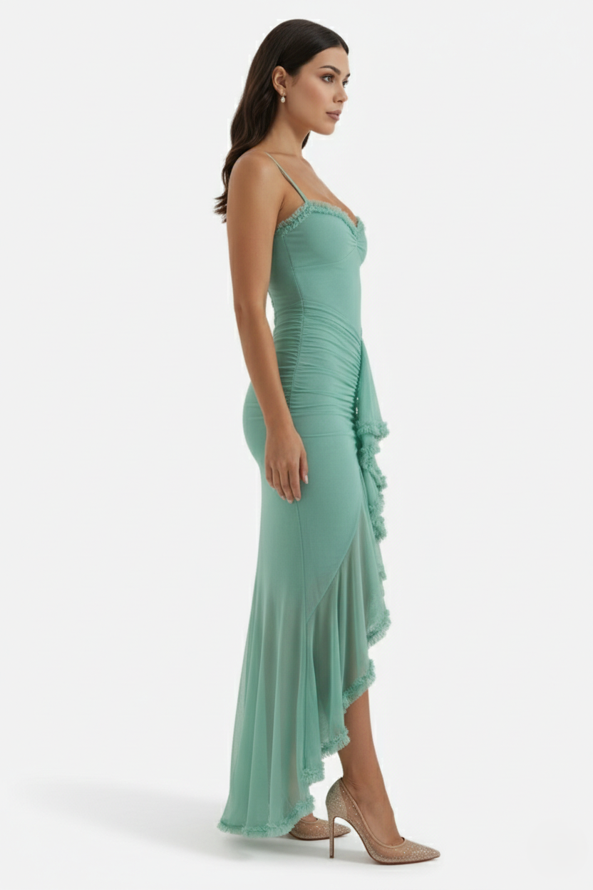 Evening Gown Ruched Mesh Ruffle Assymetrical Hem