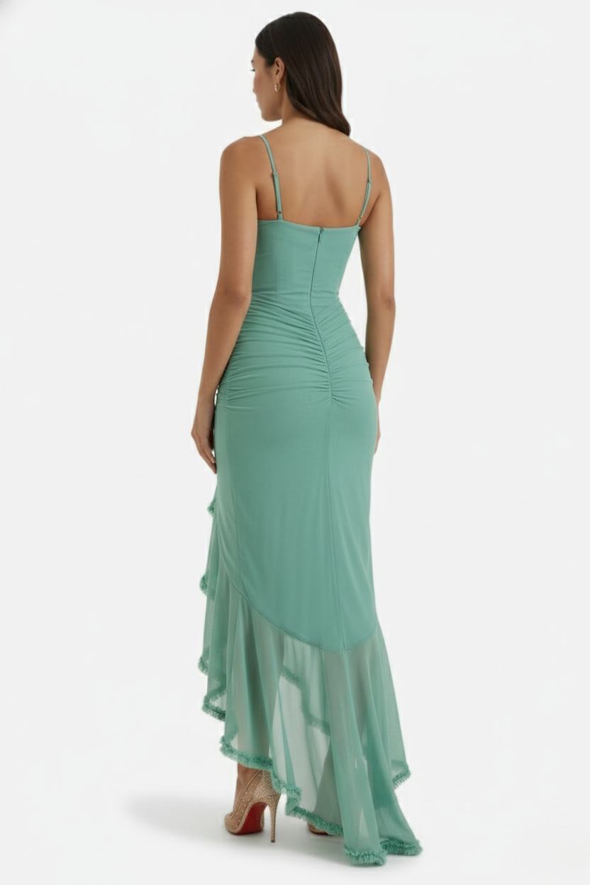 Evening Gown Ruched Mesh Ruffle Assymetrical Hem