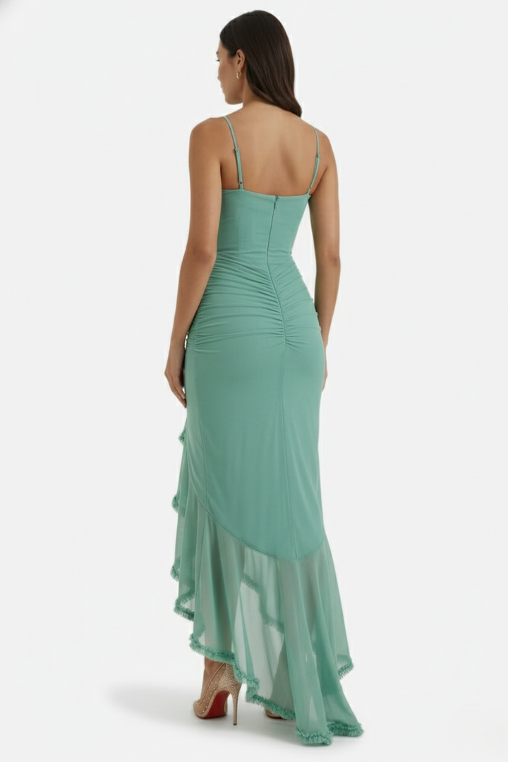 Evening Gown Ruched Mesh Ruffle Assymetrical Hem