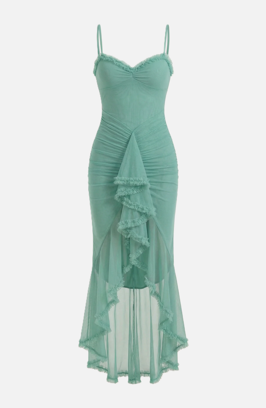 Evening Gown Ruched Mesh Ruffle Assymetrical Hem